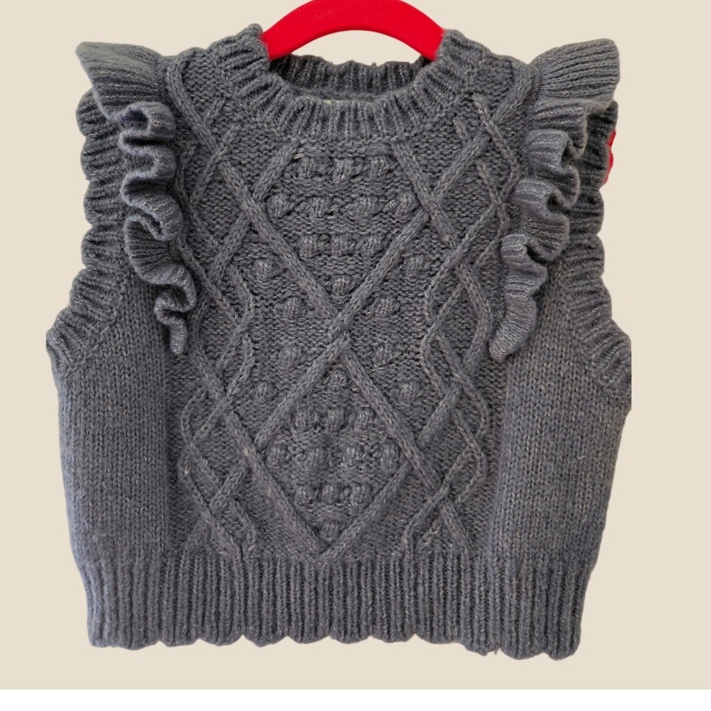 Mayoral Girls Gray Cable Knit Ruffle Sweater Vest Size 4 104cm